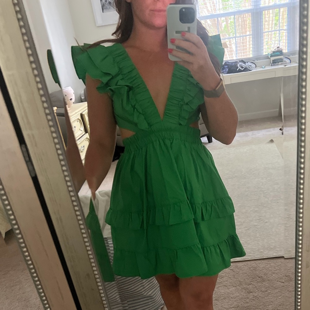 Green Ruffled V-Neck Dress
